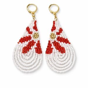 Beaded Teardrop Floral Earrings - Red & White
